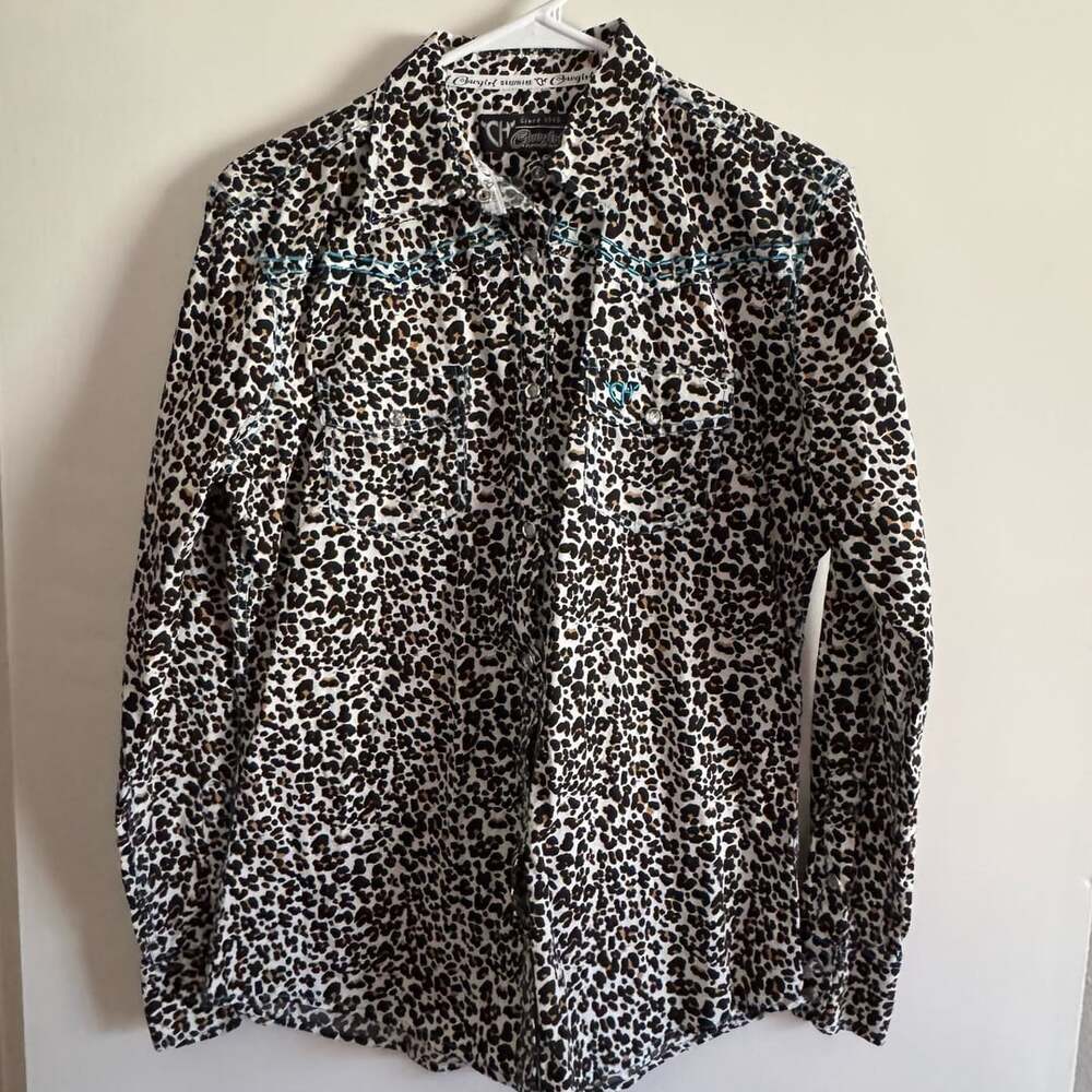 Cowgirl Hardware Leopard Print Western Button-Up Shirt with Teal Embroidery Med - Picture 2 of 12